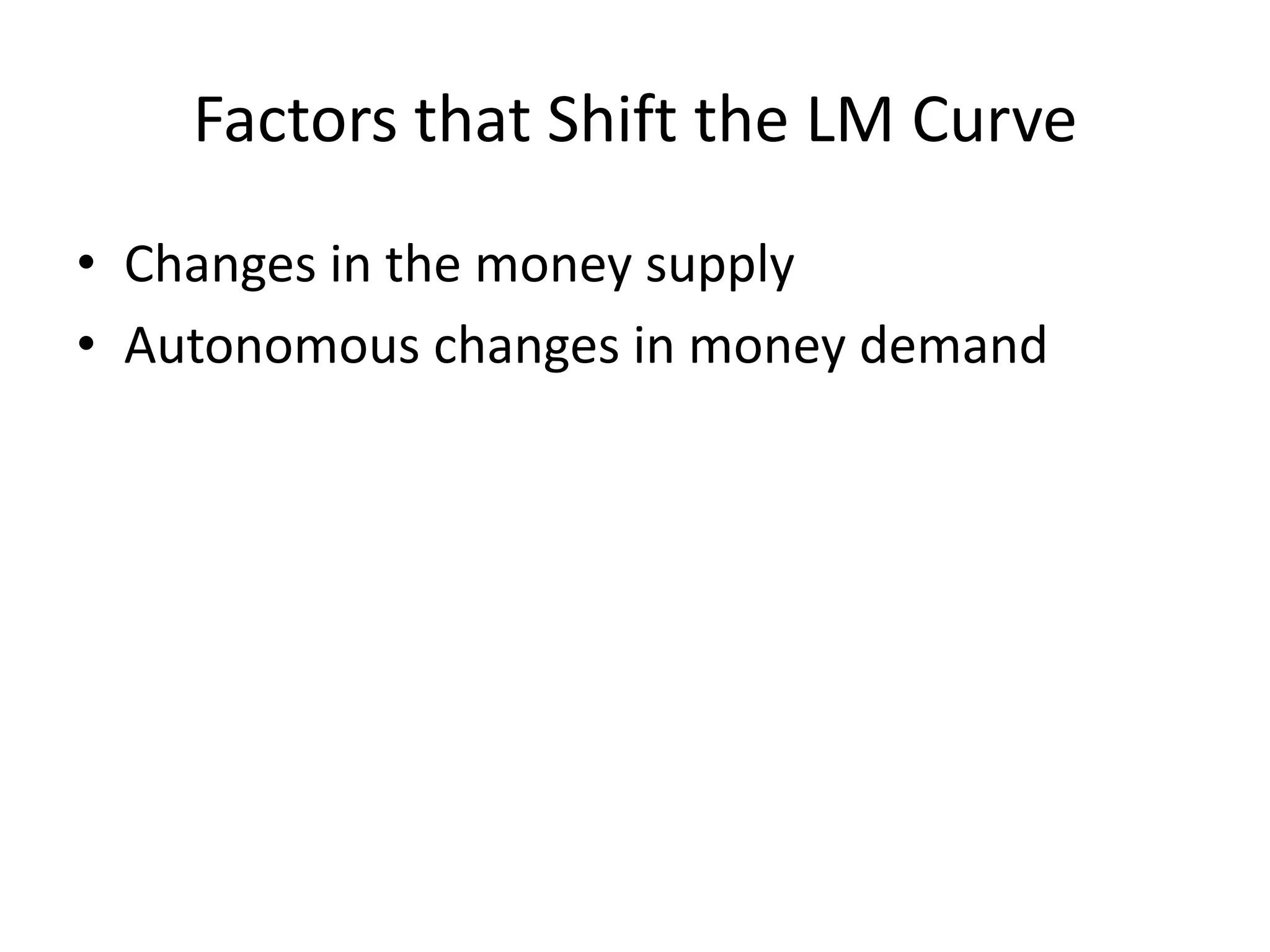 Factors that Shift the LM Curve
• Changes in the money supply
• Autonomous changes in money demand
 