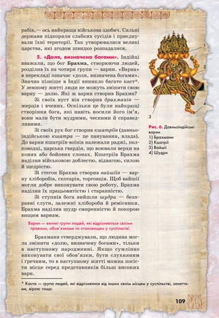 109
рабів,— ось найкраща військова здобич. Сильні
держави підкоряли слабких сусідів і приєдну-
вали їхні території. Так утворювалися великі
царства, які згодом швидко розпадалися.
5. «Доля, визначена богами». Індійці
вважали, що бог Брахма, створюючи людей,
розділив їх на чотири групи — варни. «Варна»
в перекладі означає «доля, визначена богами».
Значно пізніше в Індії виникло багато каст*.
У земному житті люди не можуть змінити свою
варну — долю. Які ж варни створив Брахма?
Зі своїх вуст він створив брахманів —
жерців і вчених. Оскільки це були найкращі
створіння бога, які навіть носили його ім’я,
вони мали бути мудрими, чесними й справед-
ливими.
Зі своїх рук бог створив кшатріїв (давньо­
індійською кшатра — це панування, влада).
До варни кшатріїв-воїнів належали раджі, пол-
ководці, царська гвардія, що воювали верхи на
конях або бойових слонах. Кшатріїв Брахма
наділив військовою доблестю, відвагою, силою
й щедрістю.
Зі стегон Брахма створив вайшіїв — вар-
ну хліборобів, скотарів, торговців. Щоб вайшії
могли добре виконувати свою роботу, Брахма
наділив їх працьовитістю і старанністю.
Зі ступнів бога вийшли шудри — безп-
равні слуги, залежні хлібороби й ремісники.
Брахма наділив шудр смиренністю й покорою
вищим варнам.
Варни — великі групи людей, які відрізняються своїми
правами, обов’язками та становищем у суспільстві.
Брахмани стверджували, що людина мог-
ла змінити «долю, визначену богами», тільки
в наступному народженні. Якщо сумлінно
виконувати свої обов’язки, бути слухняним
і ґречним, то в наступному житті можна посіс-
ти місце серед представників більш високих
варн.
Рис. 6. Давньоіндійські
варни
1) Брахмани
2) Кшатрії
3) Вайшії
4) Шудри
3
1
2
4
* Каста — група людей, які відрізнялися від інших своїм місцем у суспільстві, заняття-
ми, вірою тощо.
 