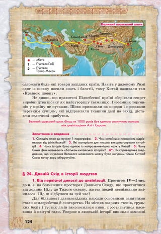124
одержати будь-які товари західних країн. Навіть у далекому Римі
одяг із шовку носили знать і багатії, тому Китай називали там
«Країною шовку».
Не дивно, що правителі Піднебесної країні зберігали секрет
виробництва шовку як найсуворішу таємницю. Іноземних торгов-
ців у країну не пускали. Шовк привозили на кордон і продавали
перським купцям, які відправляли тканини далі на захід, діста-
ючи величезні прибутки.
Великий шовковий шлях більш як 1000 років був єдиною сполучною ланкою
між цивілізаціями Азії і Європи.
Запитання й завдання  —  —  —  —  —  —  —  —  —  —  —  —  —  —  —  —  — 
1. Складіть план до пункту 1 параграфа.  2. Чим китайська писемність відріз-
нялася від фінікійської?  3. Які матеріали для письма використовували китай-
ці?  4. Чому історія була однією із найрозвиненіших наук у Китаї?  5. Чому
Сима Цяня називають «батьком китайської історії»?  6*. Чи справедливе твер-
дження, що існування Великого шовкового шляху було вигідним тільки Китаю?
Свою точку зору обґрунтуйте.
§ 24. Давній Схід в історії людства
1. Від первісної дикості до цивілізації. Протягом IV—I тис.
до н. е. на безмежних просторах Давнього Сходу, що простяглися
від долини Нілу до Тихого океану, життя людей невпізнанно змі-
нилося. Що ж відбулося за цей час?
Для більшості давньосхідних народів основними заняттями
стали землеробство й скотарство. На місцях жарких степів, грузь-
ких боліт і густих лісів заколосилися ниви, простягнулися пасо-
вища й квітучі сади. Уперше в людській історії виникли заможні
Чаньань
Дуньхуань
Лоулань
Ния
Хотан
КашгарСамарканд
Мерв
Антіохія
Рим
1
—	Міста
—	Пустеля Гобі
—	Пустеля
Такла-Макан
Великий шовковий шлях
2
1
2
 