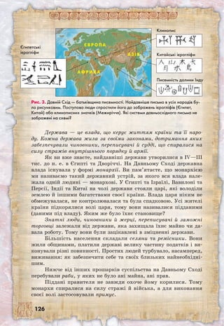 126
Держава — це влада, що керує життям країни та її наро-
ду. Кожна держава жила за своїми законами, дотримання яких
забезпечували чиновники, переписувачі й судді, що спиралися на
силу стражів внутрішнього порядку й армії.
Як ви вже знаєте, найдавніші держави утворилися в IV—III
тис. до н. е. в Єгипті та Дворіччі. На Давньому Сході державна
влада існувала у формі монархії. Ви пам’ятаєте, що монархією
ми називаємо такий державний устрій, за якого вся влада нале-
жала одній людині — монархові. У Єгипті та Ізраїлі, Вавилоні та
Персії, Індії та Китаї на чолі держави стояли царі, які володіли
землею й іншими багатствами своєї країни. Влада царя ніким не
обмежувалася, не контролювалася та була спадковою. Усі жителі
країни підкорялися волі царя, тому вони називалися підданими
(даними під владу). Яким же було їхнє становище?
Знатні люди, чиновники й жерці, переписувачі й заможні
торговці залежали від держави, яка захищала їхнє майно чи да-
вала роботу. Тому вони були зацікавлені в зміцненні держави.
Більшість населення складали селяни та ремісники. Вони
жили общинами, платили державі велику частину податків і ви-
конували різні повинності. Простих людей турбувало, насамперед,
виживання: як забезпечити себе та своїх близьких найнеобхідні-
шим.
Нижче від інших прошарків суспільства на Давньому Сході
перебували раби, у яких не було ані майна, ані прав.
Піддані правителя не завжди охоче йому корилися. Тому
монархи спиралися на силу стражі й війська, а для виконання
своєї волі застосовували примус.
Рис. 3. Давній Схід — батьківщина писемності. Найдавніше письмо в усіх народів бу-
ло рисунковим. Поступово люди спростили його до зображень ієрогліфів (Єгипет,
Китай) або клинописних значків (Межиріччя). Які системи давньосхідного письма не
зображені на схемі?
А З І Я
Є вроп а
Афр и к а
Клинопис
Китайські ієрогліфи
Писемність долини Інду
Єгипетські
ієрогліфи
 