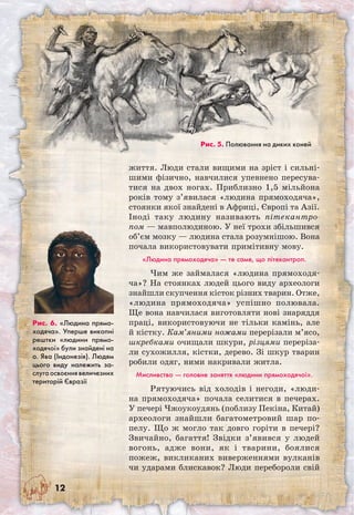 12
життя. Люди стали вищими на зріст і сильні-
шими фізично, навчилися упевнено пересува-
тися на двох ногах. Приблизно 1,5 мільйона
років тому з’явилася «людина прямоходяча»,
стоянки якої знайдені в Африці, Європі та Азії.
Іноді таку людину називають пітекантро-
пом — мавполюдиною. У неї трохи збільшився
об’єм мозку — людина стала розумнішою. Вона
почала використовувати примітивну мову.
«Людина прямоходяча» — те саме, що пітекантроп.
Чим же займалася «людина прямоходя-
ча»? На стоянках людей цього виду археологи
знайшли скупчення кісток різних тварин. Отже,
«людина прямоходяча» успішно полювала.
Ще вона навчилася виготовляти нові знаряддя
праці, використовуючи не тільки камінь, але
й кістку. Кам’яними ножами перерізали м’ясо,
шкребками очищали шкури, різцями переріза-
ли сухожилля, кістки, дерево. Зі шкур тварин
робили одяг, ними накривали житла.
Мисливство — головне заняття «людини прямоходячої».
Рятуючись від холодів і негоди, «люди-
на прямоходяча» почала селитися в печерах.
У печері Чжоукоудянь (поблизу Пекіна, Китай)
археологи знайшли багатометровий шар по-
пелу. Що ж могло так довго горіти в печері?
Звичайно, багаття! Звідки з’явився у людей
вогонь, адже вони, як і тварини, боялися
пожеж, викликаних виверженнями вулканів
чи ударами блискавок? Люди перебороли свій
Рис. 5. Полювання на диких коней
Рис. 6. «Людина прямо-
ходяча». Уперше викопні
рештки «людини прямо-
ходячої» були знайдені на
о. Ява (Індонезія). Людям
цього виду належить за-
слуга освоєння величезних
територій Євразії
 