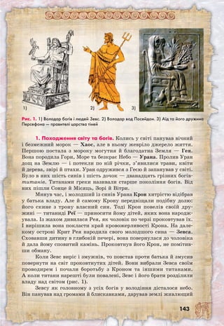 143
1. Походження світу та богів. Колись у світі панував вічний
і безмежний морок — Хаос, але в ньому жевріло джерело життя.
Першою постала з мороку могутня й благодатна Земля — Гея.
Вона породила Гори, Море та безкрає Небо — Урана. Пролив Уран
дощ на Землю — і потекли по ній річки, з’явилися трави, квіти
й дерева, звірі й птахи. Уран одружився з Геєю й запанував у світі.
Було в них шість синів і шість дочок — дванадцять грізних богів-
титанів. Титанами греки називали старше покоління богів. Від
них пішли Сонце й Місяць, Зорі й Вітри.
Минув час, і молодший із синів Урана Крон хитрістю відібрав
у батька владу. Але й самому Крону передвіщали подібну долю:
його скине з трону власний син. Тоді Крон повелів своїй дру-
жині — титаниді Реї — приносити йому дітей, яких вона народж­
увала. Із жахом дивилася Рея, як чоловік по черзі проковтував їх.
І вирішила вона покласти край кровожерливості Крона. На дале-
кому острові Крит Рея народила свого молодшого сина — Зевса.
Сховавши дитину в глибокій печері, вона повернулася до чоловіка
й дала йому сповитий камінь. Проковтнув його Крон, не помітив-
ши обману.
Коли Зевс виріс і змужнів, то повстав проти батька й змусив
повернути на світ проковтнутих дітей. Вони вибрали Зевса своїм
проводирем і почали боротьбу з Кроном та іншими титанами.
А коли титани нарешті були повалені, Зевс і його брати розділили
владу над світом (рис. 1).
Зевсу як головному з усіх богів у володіння дісталося небо.
Він панував над громами й блискавками, дарував землі живлющий
Рис. 1. 1) Володар богів і людей Зевс. 2) Володар вод Посейдон. 3) Аїд та його дружина
Персефона — правителі царства тіней
1) 2) 3)
 