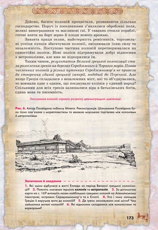 173
Дійсно, багато колоній процвітали, розвиваючи сільське
господарство. Поруч із поселеннями з’являлися оброблені поля,
великі виноградники та маслинові гаї. У гаванях стояли кораблі,
готові взяти на борт зерно й плоди нового врожаю.
Завзята праця селян, майстерність ремісників, торговель-
ні успіхи купців збагачували колонії, зміцнювали їхню силу та
незалежність. Поступово частина колоній перетворювалася на
самостійні поліси. Нові поліси підтримували добрі відносини
з метрополіями, але вже не підкорялися їм.
Таким чином, результатом Великої грецької колонізації ста-
ло розселення греків на берегах Середземного й Чорного морів. Поява
численних колоній у різних куточках Середземномор’я не привела
до створення єдиної грецької імперії, подібної до Перської. Але
якщо Греція складалася з незалежних міст, які то об’єднувалися,
то воювали одне з одним, що поєднувало еллінів у єдиний народ?
Спільними для всіх греків залишалися віра в батьківських богів,
єдина мова та писемність.
Заснування колоній сприяло розвитку давньогрецької цивілізації.
Рис. 6. Алтар Посейдона поблизу Мілета. Реконструкція. Шанування Посейдона бу-
ло тісно пов’язане з мореплавством та жвавою морською торгівлею між колоніями
й метрополіями
Запитання й завдання  —  —  —  —  —  —  —  —  —  —  —  —  —  —  —  —  —
1. Які зміни відбулися в житті Еллади за період Великої грецької колоніза-
ції?  2. Поясніть значення термінів колонія та метрополія.  3. За допомогою
карти на с. 169 випишіть назви найбільших грецьких колоній на Апеннінському
півострові, островах Середземномор’я та в Єгипті.  4. Хто і чому залишав
Грецію й вирушав жити до колоній?  5. Де греки засновували нові міста? Чим
займалися жителі колоній?  6. Які відносини складалися між колоністами та
варварами? 
 