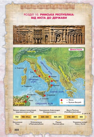 222
Розділ 10. Римська республіка:
від міста до держави
Давня Італія
—	Міста
—	Вулкан Везувій
АДРІАТИЧНЕ
М
О
РЕ
Апенн
інс
ький
п-ів
Пад (По)
Тибр
ТІРРЕНСЬКЕ
МОРЕ
Іонічне МОРЕ
БАЛК
АНСЬК
ИЙ
п-Ів
о. Корсика
о. Сардинія
о. Сицилія
Сиракузи
Зама
Карфаген
Рим
Капуя Канни
Тарент
Кротон
А Ф Р И К А
А ЛЬ П И
Заснування
Риму
753 VIII—VI ст. 509 334—325 264—241 218—201 202
Велика грецька колонізація.
Царська епоха в Римі
Завоювання Александра
Македонського
Установлення
в Римі республіки
р. до н. е.
Перша
Пунічна війна
Друга Пунічна
(Ганнібалова) війна
Утворення імперії
Хань у Китаї
середземне МОРЕ
 