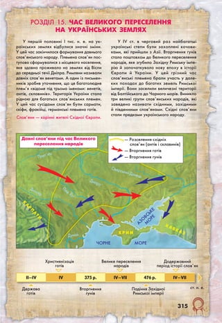 315
Розділ 15. Час великого переселення
на українських землях
У першій половині I тис. н. е. на ук-
раїнських землях відбулися значні зміни.
У цей час закінчилося формування давнього
слов’янського народу. Племена слов’ян пос-
тупово сформувалися з місцевого населення,
яке здавна проживало на землях від Вісли
до середньої течії Дніпра. Римляни називали
давніх слов’ян венетами. А один із письмен-
ників зробив уточнення, що це багатолюдне
плем’я «відоме під трьома іменами: венетів,
антів, склавинів». Територія України стала
рідною для багатьох слов’янських племен.
У цей час сусідами слов’ян були сармати,
скіфи, фракійці, германські племена готів.
Слов’яни — корінні жителі Східної Європи.
У IV ст. в черговий раз найбагатші
українські степи були захоплені кочови-
ками, які прийшли з Азії. Вторгнення гунів
стало поштовхом до Великого переселення
народів, яке згубило Західну Римську імпе-
рію й започаткувало нову епоху в історії
Європи й України. У цей грізний час
слов’янські племена брали участь у дале-
ких походах до багатих земель Римської
імперії. Вони заселили величезні території
від Балтійського до Чорного морів. Виникло
три великі групи слов’янських народів, які
заведено називати східними, західними
й південними слов’янами. Східні слов’яни
стали предками українського народу.
ЧОРНЕ
Дунай
Дніпро
АЗО
ВСЬКЕ
М
О
РЕ
К Р И М
К
А
Р
П
А
ТИ
К А
ВК А З
Прип’ять
Давні слов’яни під час Великого
переселення народів
Дністер
II—IV IV 375 р. IV—VII 476 р. IV—VII
Держава
готів
Вторгнення
гунів
Падіння Західної
Римської імперії
Християнізація
готів
Велике переселення
народів
Додержавний
період історії слов’ян
ст. н. е.
— Розселення східніх
слов’ян (антів і склавинів)
— Вторгнення готів
— Вторгнення гунів
МОРЕ
Сіверський Донець
Півд. Буг
 