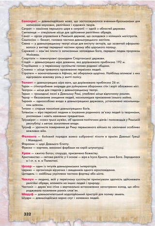 332
Санскрит — давньоіндійська мова, що застосовувалася вченими-брахманами для
написання наукових, релігійних і художніх творів.
Сатрап — намісник перського царя в сатрапії — одній з областей держави.
Святилище — спеціальне місце для здійснення релігійних обрядів.
Сенат — орган управління в Римській державі, що складався з колишніх магістратів.
Симпосіон — бенкет, головна частина давньогрецького застілля.
Скена — у давньогрецькому театрі місце для виступу акторів, що зазвичай оформлю-
валося у вигляді передньої частини храму або царського палацу.
Скрижалі — кам’яні плити із записаними заповідями Бога, передані людям пророком
Мойсеєм.
Спартіати — повноправні громадяни Спартанської держави.
Стадій — давньогрецька міра довжини, яка дорівнювала приблизно 192 м.
Старійшина — у первісному суспільстві голова родової общини.
Стоянка — місце тривалого проживання первісних людей.
Стратеги — воєначальники в Афінах, які обиралися щорічно. Найбільш впливові з них
відігравали важливу роль у житті полісу.
Талант — давньогрецька міра ваги, що дорівнювала приблизно 26 кг.
Таран —