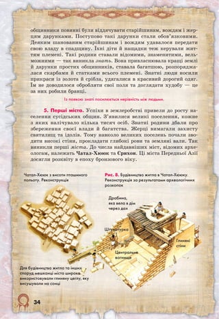 34
общинники повинні були віддячувати старійшинам, вождям і жер-
цям дарунками. Поступово такі дарунки стали обов’язковими.
Деяким шанованим старійшинам і вождям удавалося передати
свою владу в спадщину. Їхні діти й нащадки теж керували жит-
тям племені. Такі родини ставали відомими, знаменитими, вель-
можними — так виникла знать. Вона привласнювала кращі землі
й дарунки простих общинників, ставала багатшою, розпоряджа-
лася скарбами й статками всього племені. Знатні люди носили
прикраси із золота й срібла, удягалися в красивий дорогий одяг.
Їм не доводилося обробляти свої поля та доглядати худобу — це
за них робили бранці.
Із появою знаті посилюється нерівність між людьми.
5. Перші міста. Успіхи в землеробстві привели до росту на-
селення сусідських общин. З’явилися великі поселення, кожне
з яких налічувало кілька тисяч осіб. Знатні родини дбали про
збереження своєї влади й багатства. Жерці вимагали захисту
святилищ та ідолів. Тому навколо великих поселень почали зво-
дити високі стіни, прокладати глибокі рови та земляні вали. Так
виникли перші міста. До числа найдавніших міст, відомих архе-
ологам, належать Чатал-Хююк та Єрихон. Ці міста Передньої Азії
досягли розквіту в епоху бронзового віку.
Рис. 8. Будівництво житла в Чатал-Хююку.
Реконструкція за результатами археологічних
розкопок
Чатал-Хююк з висоти пташиного
польоту. Реконструкція
Для будівництва житла та інших
споруд мешканці міста широко
використовували глиняну цеглу, яку
висушували на сонці
Драбина,
яка вела в дім
через дах
Глиняні
стіни
Центральне
вогнище
Штукатурка
 