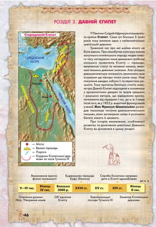 46
Розділ 3. Давній Єгипет
V—IV тис.
Кінець
IV тис.
Близько
3000 р.
ХХVІ ст. ХV ст. ХIV ст.
Кінець
II тис.
Освоєння долини
Нілу. Утворення номів
Виникнення ієроглі-
фічної писемності
Об’єднання
Єгипту
Будівництво піраміди
Хуфу (Хеопса)
Завойовницькі
походи Тутмоса III
Спроба Ехнатона запрова-
дити в Єгипті єдинобожжя
Занепад Єгипетської
держави
до н. е.
Стародавній Єгипет
Фіви
Мемфіс
—	Міста
—	Великі піраміди
—	Пороги
—	Кордони Єгипетської дер­
жави за часів Тутмоса ІІІ
ЧЕРВОНЕМОРЕ
СЕРЕДЗЕМНЕ
МОРЕ
ПАЛЕ
СТИНА
Ф
ІНІКІЯ
СИРІЯ
Ніл
1-й
2-й
3-й
4-й
лівійськапус
теля
нубія
Ніл
УПівнічно-СхіднійАфрицірозташовуєть-
ся країна Єгипет. Саме тут близько 5 тисяч
років тому виникла одна з найвизначніших
цивілізацій давнини.
Тривалий час про неї майже нічого не
було відомо. Про самобутню культуру колись
могутнього єгипетського народу людям ново-
го часу нагадували лише дивовижні гробниці
колишніх правителів Єгипту — піраміди,
велетенські статуї та численні написи, вико-
нані якимись дивними знаками. Але складна
давньоєгипетська писемність припинила своє
існування ще півтори тисячі років тому. Нові
покоління швидко забули її та перестали ро-
зуміти. Тому протягом багатьох століть знан-
ня про Давній Єгипет надходили в основному
з археологічних джерел та творів грецьких
і римських авторів, що відвідували країну,
починаючи від середини I тис. до н. е. І лише
післятого,яку1822р.видатнийфранцузький
учений Жан Франсуа Шампольйон розга-
дав таємницю читання давньоєгипетських
письмен, вони заговорили знову й розповіли
багато нового й цікавого.
Про історію виникнення, особливості
розвитку та досягнення цивілізації Давнього
Єгипту ви дізнаєтеся в цьому розділі.
 