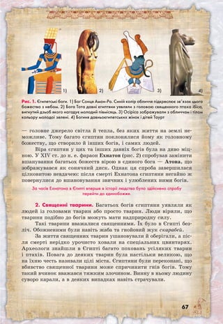 67
— головне джерело світла й тепла, без яких життя на землі не-
можливе. Тому багато єгиптян поклонялися йому як головному
божеству, що створило й інших богів, і самих людей.
Віра єгиптян у цих та інших давніх богів була на диво міц-
ною. У ХIV ст. до н. е. фараон Ехнатон (рис. 2) спробував замінити
вшанування багатьох божеств вірою в єдиного бога — Атона, що
зображувався як сонячний диск. Однак ця спроба завершилася
цілковитою невдачею: після смерті Ехнатона єгиптяни негайно ж
повернулися до вшановування звичних і улюблених ними богів.
За часів Ехнатона в Єгипті вперше в історії людства було здійснено спробу
перейти до єдинобожжя.
2. Священні тварини. Багатьох богів єгиптяни уявляли як
людей із головами тварин або просто тварин. Люди вірили, що
тварини подібно до богів можуть мати надприродну силу.
Такі тварини вважалися священними. Їх було в Єгипті без-
ліч. Обожненими були навіть жаба та гнойовий жук скарабей.
За життя священних тварин ушановували й оберігали, а піс-
ля смерті нерідко урочисто ховали на спеціальних цвинтарях.
Археологи знайшли в Єгипті багато поховань усіляких тварин
і птахів. Повага до деяких тварин була настільки великою, що
на їхню честь називали цілі міста. Єгиптяни були переконані, що
вбивство священної тварини може спричинити гнів богів. Тому
такий вчинок вважався тяжким злочином. Винну в ньому людину
суворо карали, а в деяких випадках навіть страчували.
Рис. 1. Єгипетські боги. 1) Бог Сонця Амон-Ра. Синій колір обличчя підкреслює зв’язок цього
божества з небом. 2) Бога Тота давні єгиптяни уявляли з головою священного птаха ібіса,
вигнутий дзьоб якого нагадує молодий півмісяць. 3) Осіріса зображували з обличчам і тілом
кольору молодої зелені. 4) Богиня давньоєгипетських жінок і дітей Таурт
1) 2) 3) 4)
 