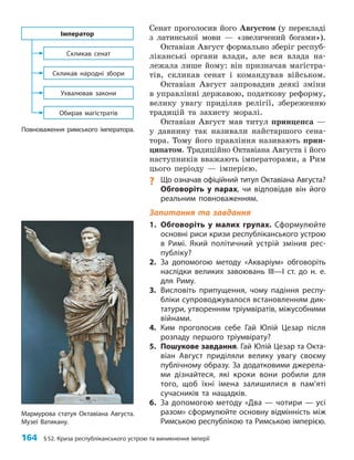 164 §52. Криза республіканського устрою та виникнення імперії
Сенат проголосив його Августом (у перекладі
з латинської мови — «звеличений богами»).
Октавіан Август формально зберіг респуб­
ліканські органи влади, але вся влада на-
лежала лише йому: він призначав магістра-
тів, скликав сенат і командував військом.
Октавіан Август запровадив деякі зміни
в управлінні державою, податкову реформу,
велику увагу приділяв релігії, збереженню
традицій та захисту моралі.
Октавіан Август мав титул принцепса —
у давнину так називали найстаршого сена-
тора. Тому його правління називають прин-
ципатом. Традиційно Октавіана Августа і його
наступників вважають імператорами, а Рим
цього періоду — імперією.
? Що означав офіційний титул Октавіана Августа?
Обговоріть у парах, чи відповідав він його
реальним повноваженням.
Запитання та завдання
1. Обговоріть у малих групах. Сформулюйте
основні риси кризи республіканського устрою
в Римі. Який політичний устрій змінив рес­
публіку?
2. За допомогою методу «Акваріум» обговоріть
наслідки великих завоювань ІІІ—І ст. до н. е.
для Риму.
3. Висловіть припущення, чому падіння респу­
бліки супроводжувалося встановленням дик­
татури, утворенням тріумвіратів, міжусобними
війнами.
4. Ким проголосив себе Гай Юлій Цезар після
розпаду першого тріумвірату?
5. Пошукове завдання. Гай Юлій Цезар та Окта­
віан Август приділяли велику увагу своєму
публічному образу. За додатковими джерела­
ми дізнайтеся, які кроки вони робили для
того, щоб їхні імена залишилися в пам’яті
сучасників та нащадків.
6. За допомогою методу «Два — чотири — усі
разом» сформулюйте основну відмінність між
Римською республікою та Римською імперією.
Повноваження римського імператора.
Скликав сенат
Скликав народні збори
Ухвалював закони
Обирав магістратів
Імператор
Мармурова статуя Октавіана Августа.
Музеї Ватикану.
 