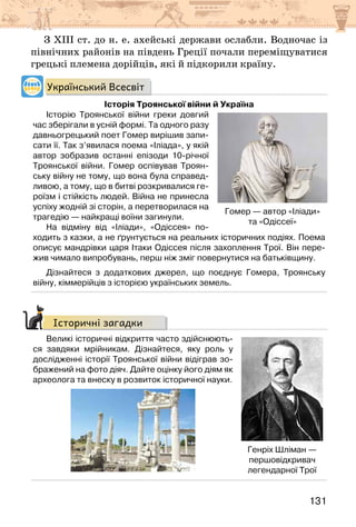 131
З ХІІІ ст. до н. е. ахейські держави ослабли. Водночас із
північних районів на південь Греції почали переміщуватися
грецькі племена дорійців, які й підкорили країну.
Український Всесвіт
Історія Троянської війни й Україна
Історію Троянської війни греки довгий
час зберігали в усній формі. Та одного разу
давньогрецький поет Гомер вирішив запи-
сати її. Так з’явилася поема «Іліада», у якій
автор зобразив останні епізоди 10-річної
Троянської війни. Гомер оспівував Троян-
ську війну не тому, що вона була справед-
ливою, а тому, що в битві розкривалися ге-
роїзм і стійкість людей. Війна не принесла
успіху жодній зі сторін, а перетворилася на
трагедію — найкращі воїни загинули.
На відміну від «Іліади», «Одіссея» по-
ходить з казки, а не ґрунтується на реальних історичних подіях. Поема
описує мандрівки царя Ітаки Одіссея після захоплення Трої. Він пере-
жив чимало випробувань, перш ніж зміг повернутися на батьківщину.
Дізнайтеся з додаткових джерел, що поєднує Гомера, Троянську
війну, кіммерійців з історією українських земель.
Історичні загадки
Великі історичні відкриття часто здійснюють-
ся завдяки мрійникам. Дізнайтеся, яку роль у
дослідженні історії Троянської війни відіграв зо-
бражений на фото діяч. Дайте оцінку його діям як
археолога та внеску в розвиток історичної науки.
Гомер — автор «Іліади»
та «Одіссеї»
Генріх Шліман —
першовідкривач
легендарної Трої
 