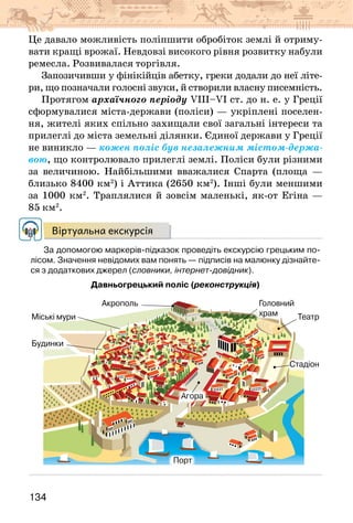 134
Це давало можливість поліпшити обробіток землі й отриму-
вати кращі врожаї. Невдовзі високого рівня розвитку набули
ремесла. Розвивалася торгівля.
Запозичивши у фінікійців абетку, греки додали до неї літе-
ри, що позначали голосні звуки, й створили власну писемність.
Протягом архаїчного періоду VIII–VI ст. до н. е. у Греції
сформувалися міста-держави (поліси) — укріплені поселен-
ня, жителі яких спільно захищали свої загальні інтереси та
прилеглі до міста земельні ділянки. Єдиної держави у Греції
не виникло — кожен поліс був незалежним містом-держа-
вою, що контролювало прилеглі землі. Поліси були різними
за величиною. Найбільшими вважалися Спарта (площа —
близько 8400 км2
) і Аттика (2650 км2
). Інші були меншими
за 1000 км2
. Траплялися й зовсім маленькі, як-от Егіна —
85 км2
.
Віртуальна екскурсія
За допомогою маркерів-підказок проведіть екскурсію грецьким по-
лісом. Значення невідомих вам понять — підписів на малюнку дізнайте-
ся з додаткових джерел (словники, інтернет-довідник).
Давньогрецький поліс (реконструкція)
Порт
Акрополь
Міські мури Театр
Стадіон
Будинки
Агора
Головний
храм
 