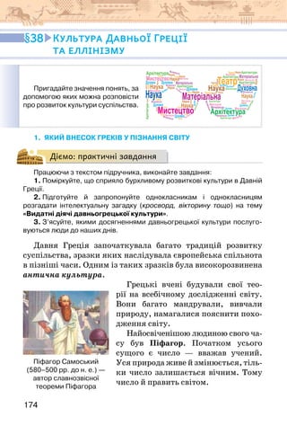 174
1. який внесок греків у пізнання світу
Діємо: практичні завдання
Працюючи з текстом підручника, виконайте завдання:
1. Поміркуйте, що сприяло бурхливому розвиткові культури в Давній
Греції.
2. Підготуйте й запропонуйте однокласникам і однокласницям
розгадати інтелектуальну загадку (кросворд, вікторину тощо) на тему
«Видатні діячі давньогрецької культури».
3. З’ясуйте, якими досягненнями давньогрецької культури послуго-
вуються люди до наших днів.
Давня Греція започаткувала багато традицій розвитку
суспільства, зразки яких наслідувала європейська спільнота
в пізніші часи. Одним із таких зразків була високорозвинена
антична культура.
Грецькі вчені будували свої тео-
рії на всебічному дослідженні світу.
Вони багато мандрували, вивчали
природу, намагалися пояснити похо-
дження світу.
Найосвіченішою людиною свого ча­
-
су був Піфагор. Початком усього
сущого є число — вважав учений.
Уся природа живе й змінюється, тіль-
ки число залишається вічним. Тому
число й править світом.
Пригадайте значення понять, за
допомогою яких можна розповісти
про розвиток культури суспільства.
Духовна
Духовна
Духовна
Духовна
Духовна
Духовна
Д
ух
ов
на
Духовна
Духовна
Духовна
Духовна
Духовна
Духовна
Наука
Наука
Наука
Наука
Наука
Наука
Наука
Наука
Наука
Наука
Наука
Наука Наука
Наука
Наука
Наука
Наука
Наука
Наука
Наука
Наука
Наука
Архітектура
Архітектура
Архітектура
Архітектура
Архітектура
Архітектура
Архітектура
Архітектура
Архітектура
А
р
х
іт
е
к
т
у
р
а
А
р
х
іт
е
кт
ур
а
Мистецтво
Мистецтво
Мистецтво
Мистецтво
Мистецтво
Мистецтво
Мистецтво
Мистецтво
Мистецтво
Мистецтво
Мистецтво
Мистецтво
Мистецтво
Матеріальна
Матеріальна
Матеріальна
Матеріальна
Матеріальна
Матеріальна
Матеріальна
Матеріальна
Матеріальна
Матеріальна
М
а
те
р
іа
л
ь
н
а
Театр
Театр
Театр
Театр
Театр
Театр
Театр
Театр
Театр
Театр
Театр
Театр
Театр
Духовна
Наука
Наука
Архітектура
Мистецтво
Матеріальна
Театр
Піфагор Самоський
(580–500 рр. до н. е.) —
автор славнозвісної
теореми Піфагора
38 Культура Давньої Греції
та еллінізму
 