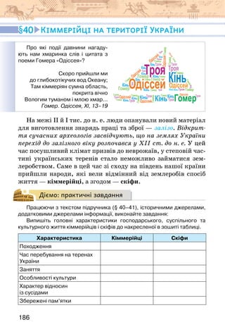 186
40 Кіммерійці на території України
На межі ІІ й І тис. до н. е. люди опанували новий матеріал
для виготовлення знарядь праці та зброї — залізо. Відкрит-
тя сучасних археологів засвідчують, що на землях України
перехід до залізного віку розпочався у ХІІ ст. до н. е. У цей
час посушливий клімат призвів до неврожаїв, у степовій час-
тині українських теренів стало неможливо займатися зем-
леробством. Саме в цей час зі сходу на південь нашої країни
прийшли народи, які вели відмінний від землеробів спосіб
життя — кіммерійці, а згодом — скіфи.
Діємо: практичні завдання
Працюючи з текстом підручника (§ 40–41), історичними джерелами,
додатковими джерелами інформації, виконайте завдання:
Випишіть головні характеристики господарського, суспільного та
культурного життя кіммерійців і скіфів до накресленої в зошиті таблиці.
Характеристика Кіммерійці Скіфи
Походження
Час перебування на теренах
України
Заняття
Особливості культури
Характер відносин
із сусідами
Збережені пам’ятки
Про які події давнини нагаду-
ють нам хмаринка слів і цитата з
поеми Гомера «Одіссея»?
Скоро прийшли ми
до глибокотікучих вод Океану;
Там кіммеріян сумна область,
покрита вічно
Вологим туманом і млою хмар…
Гомер. Одіссея, XI, 13–19
Кінь
Троя
Одіссей
Гомер
Кінь
Кінь
Кінь
Кінь
Кінь
Кінь
Кінь
Кінь
Кінь
Кінь
Кінь
Кінь
Кінь
Кінь
Кінь Троя
Троя Троя
Троя
Троя
Троя
Троя
Троя
Троя
Троя
Троя
Троя
Троя
Троя
Троя
Одіссей
Одіссей
Одіссей
Одіссей
Одіссей
Одіссей
О
д
іс
с
е
й
Одіссей
Гомер
Гомер
Гомер Гомер
Гомер
Гомер
Гомер
Гомер
Гомер Гомер
Гомер
Гомер
Гомер
Гомер
Гомер
Г
о
м
е
р
Гомер
Гомер
Г
о
м
е
р
Гомер
 