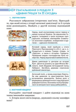 197
43 Узагальнення з розділу 3
«Давня Греція та її сусіди»
1. логічні пари
Розгляньте зображення історичних пам’яток. Пригадай-
те, про який епізод з історії античної цивілізації та її сусідів
вони розповідають. Знайдіть у другій колонці відповідний
опис.
Народ, який контролював значні терени в
межах сучасної України. За свідченням Ге-
родота, складався з трьох основних груп:
царських, кочовиків, землеробів. Славить-
ся золотими скарбами, знайденими в кур-
ганах — царських похованнях.
А
Кочовий народ, який прийшов у степи
Північного Причорномор’я в ІХ ст. до н. е.
Згадується в поемах Гомера «Іліада» та
«Одіссея», а також в «Історіях» Геродота.
Провідним видом господарства було ко-
нярство. Народ відзначався войовничістю.
Б
Давня цивілізація із центром на острові
Крит. Досягла розквіту за царя Міноса Ве-
ликого, який збудував легендарний палац
Лабіринт. Загибель держави спричинив
руйнівний землетрус.
В
Античний поліс, у якому внаслідок бороть-
би між демосом та аристократією було
встановлено демократію. Значну роль у
формуванні демократичного ладу відіграли
реформи Солона. Економіка поліса базува-
лася на використанні праці рабів/рабинь.
Г
1
2
3
4
2. Магічний квадрат
Розгадайте «магічний квадрат» і дайте відповіді на запи-
тання/виконайте завдання:
1. Історія якого міста (народу, держави) в ньому зашифро-
вана?
 