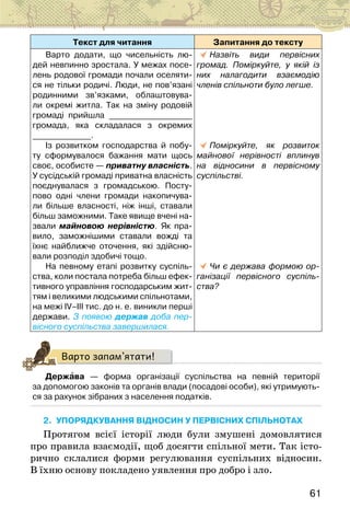 61
Текст для читання Запитання до тексту
Варто додати, що чисельність лю-
дей невпинно зростала. У межах посе-
лень родової громади почали оселяти-
ся не тільки родичі. Люди, не пов’язані
родинними зв’язками, облаштовува-
ли окремі житла. Так на зміну родовій
громаді прийшла ____________________
громада, яка складалася з окремих
______________.
Із розвитком господарства й побу-
ту сформувалося бажання мати щось
своє, особисте — приватну власність.
У сусідській громаді приватна власність
поєднувалася з громадською. Посту-
пово одні члени громади накопичува-
ли більше власності, ніж інші, ставали
більш заможними. Таке явище вчені на-
звали майновою нерівністю. Як пра-
вило, заможнішими ставали вожді та
їхнє найближче оточення, які здійсню-
вали розподіл здобичі тощо.
На певному етапі розвитку суспіль-
ства, коли постала потреба більш ефек-
тивного управління господарським жит­
-
тям і великими людськими спільнотами,
на межі IV–III тис. до н. е. виникли перші
держави. З появою держав доба пер-
вісного суспільства завершилася.
Назвіть види первісних
громад. Поміркуйте, у якій із
них налагодити взаємодію
членів спільноти було легше.
Поміркуйте, як розвиток
майнової нерівності вплинув
на відносини в первісному
суспільстві.
Чи є держава формою ор-
ганізації первісного суспіль-
ства?
Варто запам’ятати!
Держава — форма організації суспільства на певній території
за допомогою законів та органів влади (посадові особи), які утримують-
ся за рахунок зібраних з населення податків.
2. УПОРЯДКУВАННЯ ВІДНОСИН У ПЕРВІСНИХ СПІЛЬНОТАХ
Протягом всієї історії люди були змушені домовлятися
про правила взаємодії, щоб досягти спільної мети. Так істо-
рично склалися форми регулювання суспільних відносин.
В їхню основу покладено уявлення про добро і зло.
 
