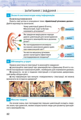 82
ЗАПИТАННЯ І ЗАВДАННЯ
I. Знаю й систематизую нову інформацію
С а м о о ц і н ю в а н н я
Оцініть свої успіхи в опануванні теми «Цивілізації річкових долин».
Дайте відповіді на запитання.
?
?
Прекрасно
Добре
Нічого
не зрозуміло
Чому цивілізації давніх Єгипту,
Месопотамії, Індії та Китаю
називають річковими?
Які завдання вирішували народи
давніх цивілізацій для налагодження
успішного землеробства в долинах
річок?
Як господарювання впливало
на знання населення давніх країн
про навколишній світ?
Чи могли мешканці річкових
долин налагодити ефективне
господарювання поодинці?
Треба
попрацювати
II. Обговоріть у групі
Уважно розгляньте ілюстрації та виконайте завдання:
а) розташуйте ілюстрації про землеробство в Давньому Єгипті в ло-
гічній послідовності виконання робіт, необхідних для отримання урожаю;
б) визначте, чи всі з поданих ілюстрацій є історичними джерелами,
свій вибір обґрунтуйте;
в) яку інформацію про минуле «повідомляють» ілюстрації, які можна
визначити як історичні джерела?
III. Мислю творчо
На основі знань про господарство перших цивілізацій складіть пере-
лік знань про довкілля, якими скористалися люди для розвитку іригацій-
ного землеробства.
 