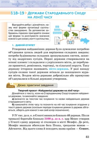 83
Відгадайте ребус і дізнайтеся, на-
зву якої форми організації суспіль-
ства закодовано. За допомогою зо-
бражень-підказок пригадайте ознаки
цієї форми та розтлумачте значення
кожної з цих ознак у житті суспільства.
1. ДАВНІЙ ЄГИПЕТ
Утворення найдавніших держав було зумовлене потребою
об’єднання зусиль людей для вирішення складних завдань:
потреби будівництва складних зрошувальних систем, захис-
ту від заздрісних сусідів. Перші держави створювалися на
основі племен і складалися з укріпленого міста, де перебува-
ли правителі, ремісники, торговці, та сільської округи. Таку
державу історики називають місто-держава. У разі нападу
сусідів селяни такої держави втікали до захищеного мура-
ми міста. Згодом міста-держави добровільно або примусово
об’єднувалися в більші державні утворення.
Діємо: практичні завдання
Творчий проєкт «Найдавніші держави на лінії часу»
Дізнайтеся з тексту, коли на Стародавньому Сході існували найдавні-
ші держави, та виконайте завдання:
а) визначте за текстом час існування та назви найдавніших держав
стародавнього світу;
б) намалюйте лінію часу та позначте на ній час існування згаданих у
тексті давніх держав (оскільки періоди існування деяких із держав збіга-
ються, оберіть для кожної з них свій колір позначення).
У IV тис. до н. е. в Єгипті виникло близько 40 держав. Після
тривалої боротьби близько 3100 р. до н. е. цар Менес створив
у Єгипті єдину державу зі столицею в місті Мемфіс. До речі,
Мемфіс вважали обителлю бога Птаха, грецькою мовою —
Айгюптос. Від цього слова й походить назва країни — Єгипет.
18–19 Держави Стародавнього Сходу
на лінії часу
3=B
 