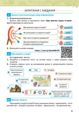 9
ЗАПИТАННЯ І ЗАВДАННЯ
I. Знаю й систематизую нову інформацію
1. С а м о о ц і н ю в а н н я
Оцініть свої успіхи в повторенні теми «Що вивчає наука історія».
Дайте відповіді на запитання.
?
?
Прекрасно
Добре
Нічого
не зрозуміло
Що вивчає наука історія?
Як аналізують історичні події?
Що таке історичні джерела?
Що досліджують спеціальні
історичні дисципліни?
Треба
попрацювати
2. Виконайте онлайн-вправу.
https://cutt.ly/0ww5MzTO
II. Обговоріть у групі
І с т о р и ч н е л о т о
1. Зіграйте в історичне лото: на основі знань з теми утворіть пари
з карток.
2. Створіть власне лото за матеріалом уроку й запропонуйте зіграти
в нього у класі.
,
,, ,,
СІД
Проголошення
незалежності
України
Історичний
простір
Історія
Історичні
джерела
Історичний час
Історична подія
Наука про життя людей
у минулому, про їхні
заняття, думки, дії
В
Г
А
Б
Д
6
3
1
2
4
5
III. Мислю творчо
Пригадайте з курсу історії 5 класу значення понять: «хронологія», «істо-
ричний час». Створіть сенкани «Історія», «Хронологія», «Історичний час».
 