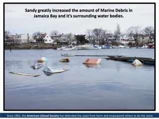 Sandy greatly increased the amount of Marine Debris in
Jamaica Bay and it’s surrounding water bodies.
Since 1961, the Amer...