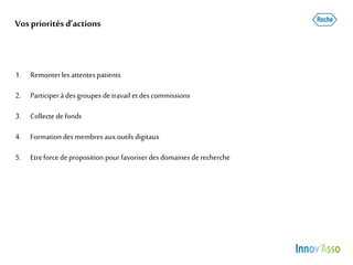 Vospriorités d’actions
1. Remonterles attentespatients
2. Participer àdesgroupes detravail etdescommissions
3. Collecte defonds
4. Formationdes membres aux outils digitaux
5. Etreforce deproposition pour favoriserdesdomaines de recherche
 