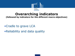 •Cradle to grave LCA
•Reliability and data quality
Overarching indicators
(followed by indicators for the different macro objectives)
 