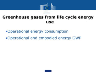 •Operational energy consumption
•Operational and embodied energy GWP
Greenhouse gases from life cycle energy
use
 
