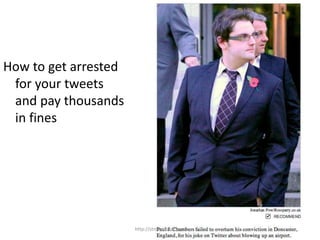 14
How to get arrested
for your tweets
and pay thousands
in fines
http://strominator.com
 