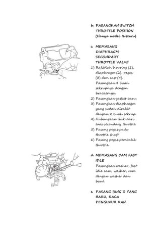 b. PASANGKAN SWITCH 
THROTTLE POSITION 
(Hanya model tertentu) 
c. MEMASANG 
DIAPHRAGM 
SECONDARY 
THROTTLE VALVE 
1) Rakitlah housing (1), 
diaphragm (2), pegas 
(3) dan cap (4). 
Pasangkan 4 buah 
sekrupnya dengan 
bracketnya. 
2) Pasangkan gasket baru. 
3) Pasangkan diaphragm 
yang sudah dirakit 
dengan 2 buah sekrup. 
4) Hubungkan link dari 
tuas secondary throttle. 
5) Pasang pegas pada 
throttle shaft. 
6) Pasang pegas pembalik 
throttle. 
d. MEMASANG CAM FAST 
IDLE 
Pasangkan washer, fast 
idle cam, washer, cam 
dengan washer dan 
baut. 
e. PASANG RING O YANG 
BARU, KACA 
PENGUKUR DAN 
 