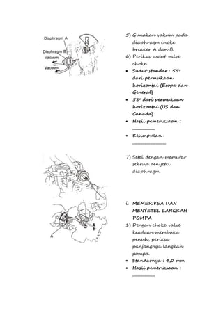 5) Gunakan vakum pada 
diaphragm choke 
breaker A dan B. 
6) Periksa sudut valve 
choke. 
 Sudut standar : 55o 
dari permukaan 
horizontal (Eropa dan 
General) 
 58o dari permukaan 
horizontal (US dan 
Canada) 
 Hasil pemeriksaan : 
.................... 
 Kesimpulan : 
.............................. 
7) Setel dengan memutar 
sekrup penyetel 
diaphragm. 
i. MEMERIKSA DAN 
MENYETEL LANGKAH 
POMPA 
1) Dengan choke valve 
keadaan membuka 
penuh, periksa 
panjangnya langkah 
pompa. 
 Standarnya : 4,0 mm 
 Hasil pemeriksaan : 
.................... 
 