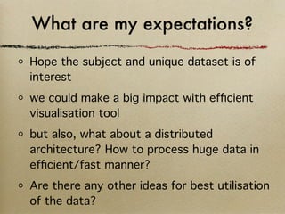 What are my expectations?

Hope the subject and unique dataset is of
interest
we could make a big impact with efﬁcient
visualisation tool
but also, what about a distributed
architecture? How to process huge data in
efﬁcient/fast manner?
Are there any other ideas for best utilisation
of the data?
 