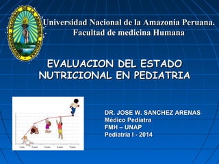 EVALUACION DEL ESTADOEVALUACION DEL ESTADO
NUTRICIONAL EN PEDIATRIANUTRICIONAL EN PEDIATRIA
Universidad Nacional de la Amazonía Peruana.Universidad Nacional de la Amazonía Peruana.
Facultad de medicina HumanaFacultad de medicina Humana
DR. JOSE W. SANCHEZ ARENASDR. JOSE W. SANCHEZ ARENAS
Médico PediatraMédico Pediatra
FMH – UNAPFMH – UNAP
Pediatría I - 2014Pediatría I - 2014
 