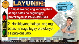 
1.Naipaliliwanag ang kahalagahan
at mga batas na nagbibigay
proteksiyon sa PAGKONSUMO
2. Nabibigyang halaga ang mga
batas na nagbibigay proteksiyon
sa pagkonsumo
MGA URI
KONSUMO MGA KARAPATAN
MGA KATANGIAN
Anu-ano ang mga
inaasahang
matutunan?
 