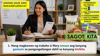 SAGOT: KITA
ANONG SALIK ANG
NAKAIMPLUENSYA?
1. PAGBABAGO
NG PRESYO
2. KITA
3. Mga INAASAHAN
4. PAGKAKAUTANG
5. DEMONSTARTION
EFFECTS
 