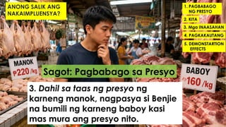 1. PAGBABAGO
NG PRESYO
2. KITA
3. Mga INAASAHAN
4. PAGKAKAUTANG
5. DEMONSTARTION
EFFECTS
Sagot: Pagbabago sa Presyo
3. Dahil sa taas ng presyo ng
karneng manok, nagpasya si Benjie
na bumili ng karneng baboy kasi
mas mura ang presyo nito.
ANONG SALIK ANG
NAKAIMPLUENSYA?
 