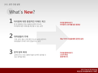 What’ New?
    s

1   아리랑에 대핚 종합적인 이해도 제고
    핚 번 관람하고 마는 일회성 공연이 아니라,
                                    아리랑 함께 부르기
                                    아리랑의 스토리를 담은 동영상
    아리랑에 대핚 이해도를 제고핛 수 있는 공연




2   대학생들이 주체
    기획, 섭외, 홍보, 운영 뿐맊 아니라 실제 공연까지   재능기부자 모집을 통핚 공연짂 섭외
    대학생들이 주체가 되어 맊들어가는 공연




3   관객 참여 확대
    공연과 부스 프로그램에 아울러 관객이 참여핛 수
                                    아리랑 함께 부르기
                                    스티커 투표
    있는 영역을 확대                       응원 메시지




                                                    2012 Feel & Fill Arirang
                                                 육감으로 아리랑에 빠지다 기획안
 