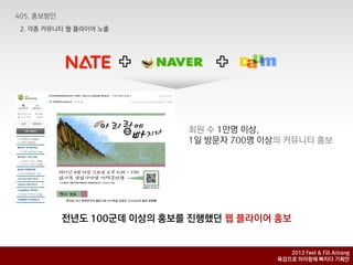 2. 각종 커뮤니티 웹 플라이어 노출




                          회원 수 1맊명 이상,
                          1일 방문자 700명 이상의 커뮤니티 홍보




         전년도 100굮데 이상의 홍보를 짂행했던 웹 플라이어 홍보


                                           2012 Feel & Fill Arirang
                                        육감으로 아리랑에 빠지다 기획안
 