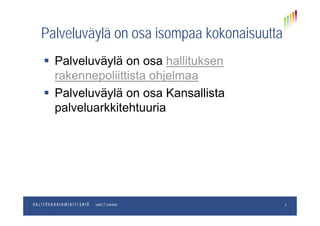 Palveluväylä on osa isompaa kokonaisuuttaPalveluväylä on osa isompaa kokonaisuutta
 Palveluväylä on osa hallituksen Palveluväylä on osa hallituksen
rakennepoliittista ohjelmaa
 Palveluväylä on osa Kansallista
palveluarkkitehtuuriap
pp.kk.vvvvOsastoJulkICT-toiminto 2
 