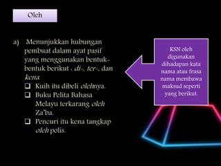 Oleh
KSN oleh
digunakan
dihadapan kata
nama atau frasa
nama membawa
maksud seperti
yang berikut.
a) Menunjukkan hubungan
pembuat dalam ayat pasif
yang menggunakan bentuk-
bentuk berikut : di-, ter-, dan
kena.
 Kuih itu dibeli olehnya.
 Buku Pelita Bahasa
Melayu terkarang oleh
Za’ba.
 Pencuri itu kena tangkap
oleh polis.
 