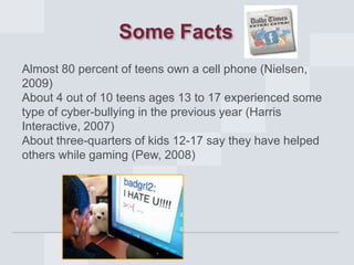 Some Facts
Almost 80 percent of teens own a cell phone (Nielsen,
2009)
About 4 out of 10 teens ages 13 to 17 experienced some
type of cyber-bullying in the previous year (Harris
Interactive, 2007)
About three-quarters of kids 12-17 say they have helped
others while gaming (Pew, 2008)

 