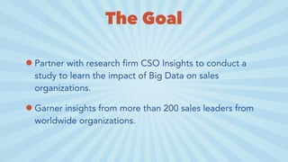 The Goal
•Partner with research firm CSO Insights to conduct a
study to learn the impact of Big Data on sales
organizations.
•Garner insights from more than 200 sales leaders from
worldwide organizations.
 