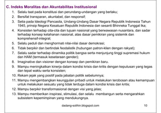 C. Indeks Moralitas dan Akuntabilitas Institusional
1. Selalu taat pada konstitusi dan perundang-undangan yang berlaku;
2. Bersifat transparan, akuntabel, dan responsif;
3. Setia pada Ideologi Pancasila, Undang-Undang Dasar Negara Republik Indonesia Tahun
1945, prinsip Negara Kesatuan Republik Indonesia dan sesanti Bhinneka Tunggal Ika;
4. Konsisten terhadap cita-cita dan tujuan nasional yang berwawasan nusantara, dan sadar
terhadap konsep ketahanan nasional, atas dasar pemikiran yang sistemik dan
komprehensif-integral;
5. Selalu peduli dan menghormati nilai-nilai dasar demokrasi;
6. Tidak berpikir dan bertindak feodalistik (hubungan patron-klien dengan rakyat);
7. Selalu sadar terhadap dinamika politik bangsa serta menjunjung tinggi supremasi hukum
dan HAM (termasuk kesetaraan gender);
8. Imaginative dan visioner dengan konsep dan pemikiran baru.
9. Mampu meningkatkan kinerja dalam kondisi krisis dan kritis dengan keputusan yang tegas
dan tepat waktu serta konsisten;
10. Rekam jejak yang positif pada jabatan politik sebelumnya;
11. Mampu mengembangkan keunggulan pribadi untuk melakukan terobosan atau kemampuan
untuk melakukan sesuatu yang tidak terduga dalam kondisi krisis dan kritis;
12. Mampu berpikir transformasional dengan visi yang jelas;
13. Mampu memberikan inspirasi, stimulasi, dan selalu membangun serta mengarahkan
subsistem kepemimpinan yang mendukungnya.
dadang-solihin.blogspot.com 10
 