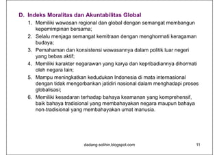 D. Indeks Moralitas dan Akuntabilitas Global
1. Memiliki wawasan regional dan global dengan semangat membangun
kepemimpinan bersama;
2. Selalu menjaga semangat kemitraan dengan menghormati keragaman
budaya;
3. Pemahaman dan konsistensi wawasannya dalam politik luar negeri
yang bebas aktif;
4. Memiliki karakter negarawan yang karya dan kepribadiannya dihormati
oleh negara lain;
5. Mampu meningkatkan kedudukan Indonesia di mata internasional
dengan tidak mengorbankan jatidiri nasional dalam menghadapi proses
globalisasi;
6. Memiliki kesadaran terhadap bahaya keamanan yang komprehensif,
baik bahaya tradisional yang membahayakan negara maupun bahaya
non-tradisional yang membahayakan umat manusia.
dadang-solihin.blogspot.com 11
 