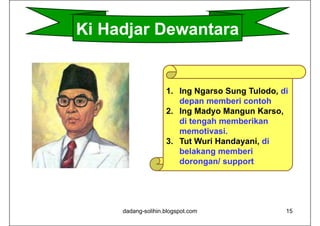 1. Ing Ngarso Sung Tulodo, di
depan memberi contoh
2. Ing Madyo Mangun Karso,
di tengah memberikan
memotivasi.
3. Tut Wuri Handayani, di
belakang memberi
dorongan/ support
dadang-solihin.blogspot.com 15
Ki Hadjar Dewantara
 