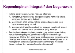 Kepemimpinan Integratif dan Negarawan
• Kriteria pokok kepemimpinan nasional integratif:
1. Terciptanya interaksi atau keterpaduan yang harmonis antara
pemimpin dengan yang dipimpin.
2. Memiliki ciri, sifat, prinsip, teknik, azas serta gaya dan jenis
kepemimpinan yang handal.
3. Mempunyai strategi kepemimpinan nasional yang tepat, sesuai
situasi dan kondisi, serta kurun waktu yang dihadapi.
• Pemimpin dan kepemimpinan yang tanggap terhadap perubahan
harus memiliki pola pikir, pola sikap dan pola tindak sebagai
negarawan. Makna dari negarawan adalah seorang pemimpin yang
diharapkan mampu mengubah kondisi saat ini melalui proses untuk
menciptakan kondisi yang diharapkan dalam rangka mencapai
tujuan nasional dan mewujudkan cita-cita nasional.
dadang-solihin.blogspot.com 19
 