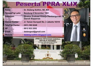 3dadang-solihin.blogspot.com
Nama : Dr. Dadang Solihin, SE, MA
Tempat/Tgl Lahir : Bandung 6 November 1961
Pekerjaan : Direktur Evaluasi Kinerja Pembangunan
Daerah Bappenas
Alamat Kantor : Jl. Taman Suropati No. 2 Jakarta 10310
Telp/Fak Kantor : (021) 392 6248
HP : 0812 932 2202
Email : dadangsol@gmail.com
Website : dadang-solihin.blogspot.com
 