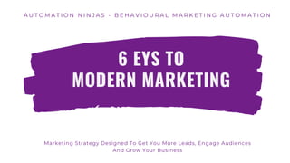Marketing Strategy Designed To Get You More Leads, Engage Audiences
And Grow Your Business
A U T O M A T I O N N I N J A S - B E H A V I O U R A L M A R K E T I N G A U T O M A T I O N
6 EYS TO
MODERN MARKETING
 