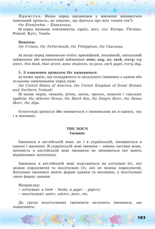 Примі тка. Якщо перед прізвищем у множині вживається
означений артикль, це означає, що йдеться про всіх членів сім’ї:
the Kovalenkos - Коваленки;
б) перед назвами континентів, країн, міст, сіл: Europe, Ukraine,
Poland, Kyiv, Vesele.
Винятки:
the Crimea, the Netherlands, the Philippines, the Caucasus.
в) якщо перед іменником стоїть присвійний, вказівний, питальний
займенник або неозначений займенник some, any, по, each, every: ту
sister, this booh, that street, some studen ts, no pens, each pupil, every day.
5. З означеним артиклем the вживаються:
а) назви країн, що складаються із загального іменника з одним або
кількома означеннями перед ним;
the United States of America, the United Kingdom of Great Britain
and Northern Ireland;
б) назви морів, океанів, річок, заток, проток, каналів і гірських
хребтів: the A tlantic Ocean, the Black Sea, the Dnipro River, the Desna
River, the Alps.
Означений артикль the вживається з іменниками як в однині, так
і в множині.
THE NOUN
Іменник
Іменники в англійській мові, як і в українській, вживаються в
однині і множині. В українській мові іменник - змінна частина мови,
натомість в англійській мові іменники не змінюються (не мають
відмінкових закінчень).
Іменники в англійській мові поділяються на злічувані (ті, які
можна порахувати) та незлічувані (ті, які не можна порахувати).
Злічувані іменники мають форми однини та множини, а незлічувані
лише форму однини.
Наприклад:
- злічувані: a book - books, a paper - papers;
- незлічувані: water, advice, juice, etc.
До групи незлічуваних іменників належать іменники, що
позначають:
О 183
 