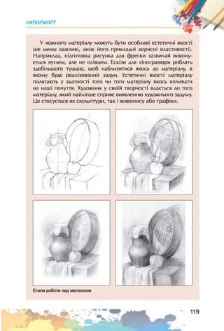 НАТЮРМОРТ
У кожного матеріалу можуть бути особливі естетичні якості
(не менш важливі, аніж його прикладні корисні властивості).
Наприклад, підготовка рисунка для фрески зазвичай викону­
ється вуглем, але не олівцем. Ескізи для ліногравюри роблять
здебільшого тушшю, шоб наблизитися якось до матеріалу, в
якому буде реалізований задум. Естетичні якості матеріалу
полягають у здатності того чи того матеріалу якось впливати
на наші почуття. Художник у своїй творчості вдається до того
матеріалу, який найліпше сприяє виявленню художнього задуму.
Це стосується як скульптури, так і живопису або графіки.
Етапи роботи над малюнком
 