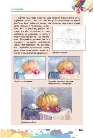 НАТЮРМОРТ
Пишучи тіні, треба стежити, щоб вони не вийшли брудними,
чорними. Кожна тінь має свій колір. Відпрацьовувати деталі
фарбами буде набагато важче, ніж олівцем. Для цього треба
мати пензлик з тоненьким кінчи­
ком. Як і в рисунку, робота ви­
конується від загального до кон­
кретного, до дрібниць, а потім у
зворотному напрямку - до узагаль­
нень. Наприкінці уважно все по­
рівняйте і визначте найсвітліші
місця, «пригасивши» те, шо зава­
жає, поглибте найтемніші плями,
якщо вони недостатньо темні, по­
рівняйте колірні співвідношення.
Перше прописування Проробка тональних колірних
співвідношень у натюрморті
 
